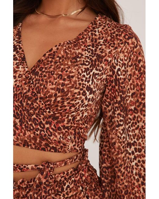 Rebellious Fashion Brown Leopard Print Abstract Print Wrap Over Cropped Top