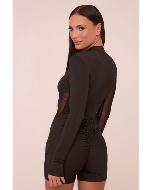 Rebellious Fashion Brown Mesh Panel High Neck Long Sleeves Playsuit