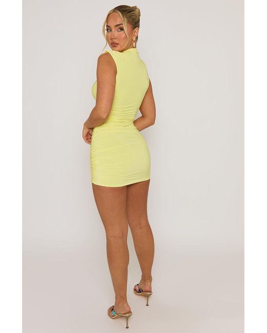 Rebellious Fashion Yellow High Neck Shoulder Pad Ruched Mini Dress