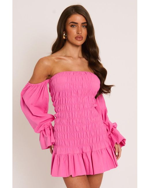 Rebellious Fashion Pink Shirred Frill Hem Mini Dress