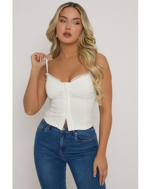 Rebellious Fashion Blue Lace Trim Button Down Corset Top