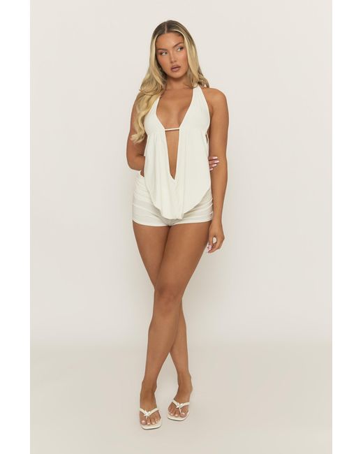 Rebellious Fashion White Slinky Plunge Top And Micro Short Co-Ord Set