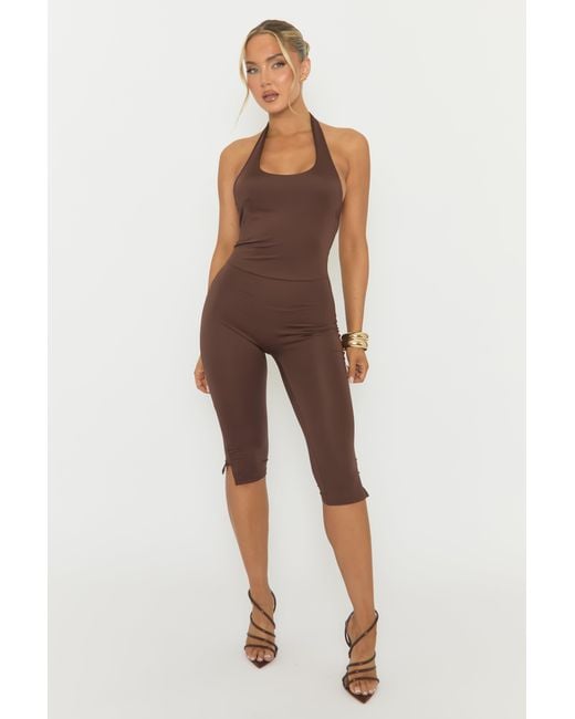 Rebellious Fashion Brown Halterneck Square Neck Capri Jumpsuit
