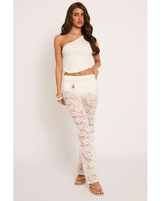 Rebellious Fashion Natural Lace Asymmetric Top And Trousers Co-Ord Set