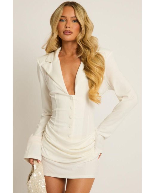 Rebellious Fashion Natural Button Front Draped Blazer Dress
