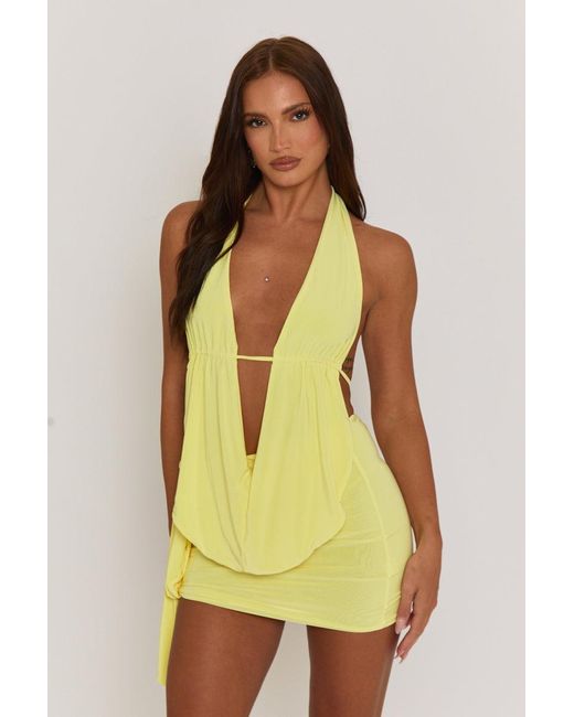 Rebellious Fashion Yellow Plunge Neck Cowl Detail Top & Mini Skirt Co-Ord Set