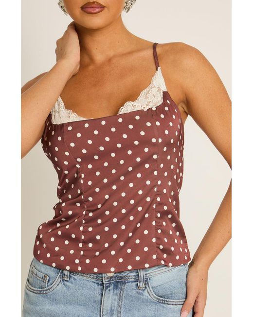 Rebellious Fashion Red Satin Polka Dot Lace Trim Cami Top
