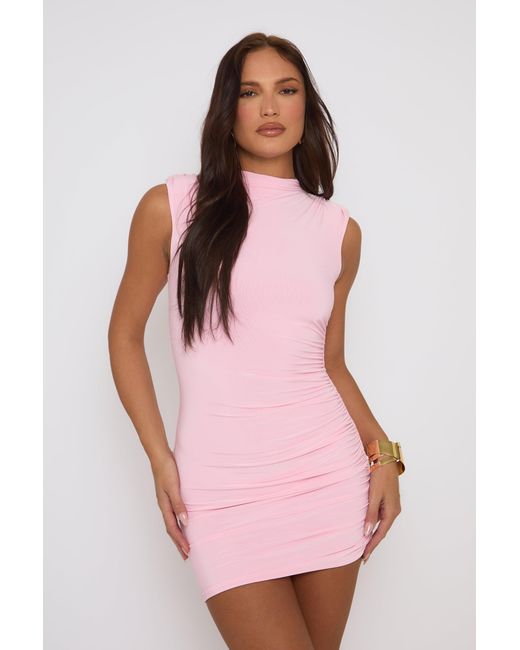 Rebellious Fashion Pink High Neck Shoulder Pad Ruched Mini Dress