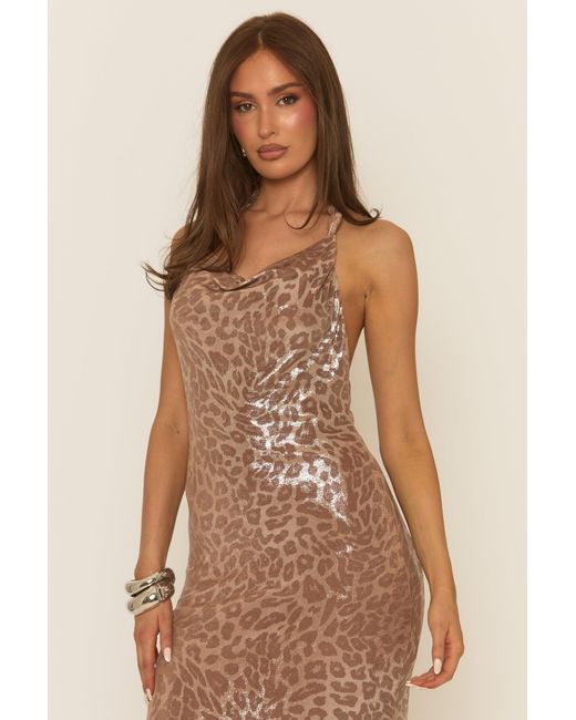 Rebellious Fashion Natural Rose Leopard Cowl Maxi Dress