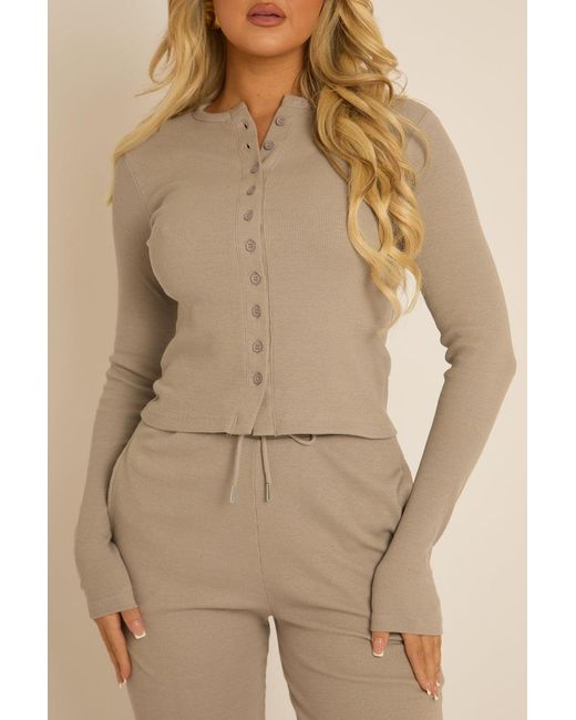 Rebellious Fashion Natural Ribbed Button Front Long Sleeve Top And Trouser Co-Ord