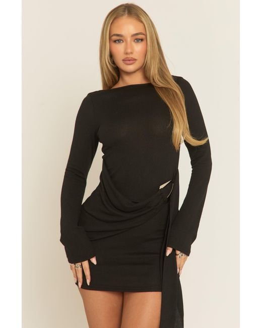 Rebellious Fashion Black Drape Trim Detail Long Sleeve Mini Dress