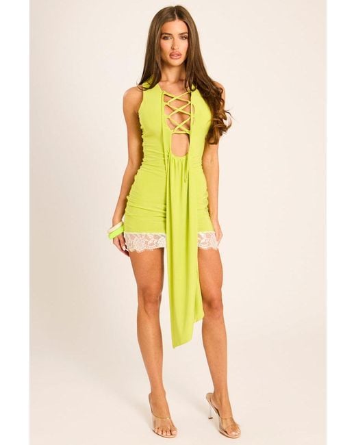 Rebellious Fashion Yellow Lace Detail Drape Mini Dress