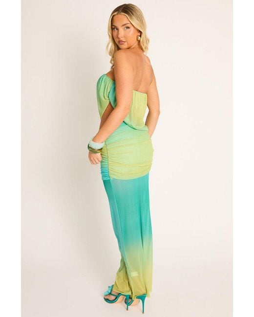 Rebellious Fashion Blue Ombre Printed Bandeau Mesh Overlay Top And Maxi Skirt Co-Ord Set