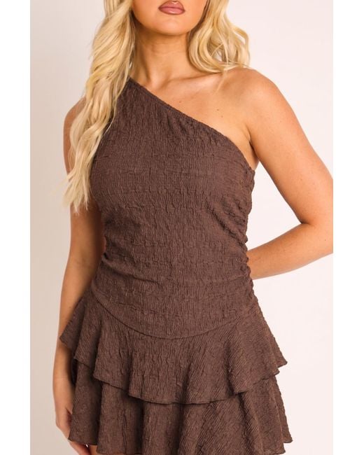 Rebellious Fashion Brown One Shoulder Textured Flippy Playsuit