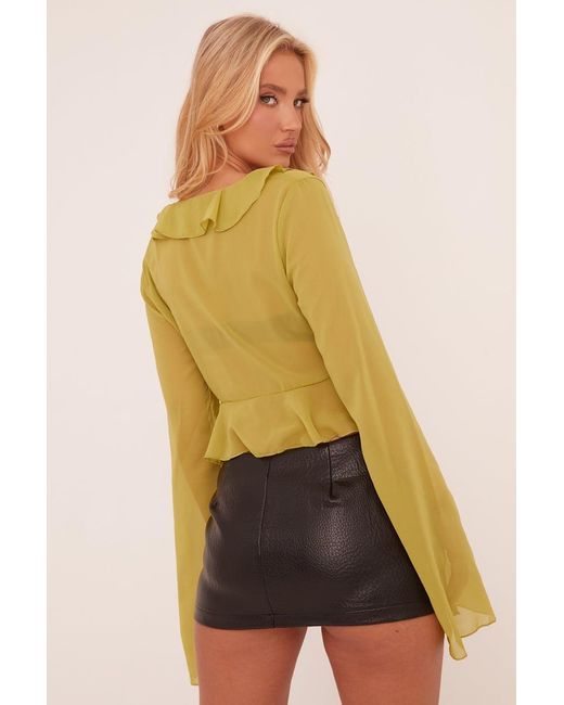 Rebellious Fashion Green Frill Detail Tie Front Long Sleeve Cropped Top