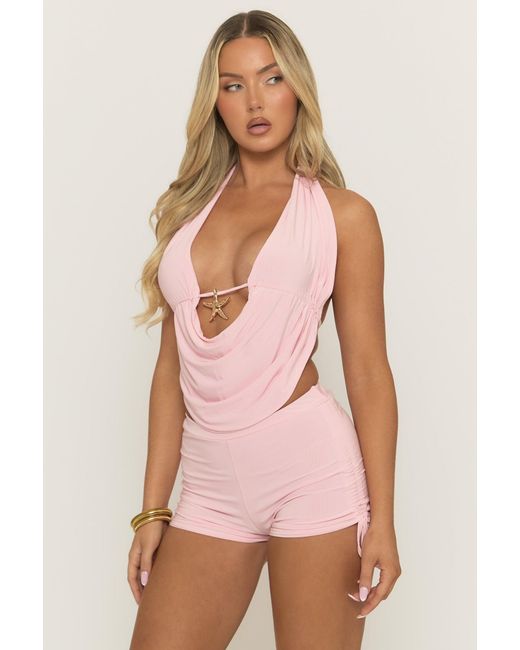Rebellious Fashion Pink Starfish Trim Top And Ruched Short Co-Ord Set