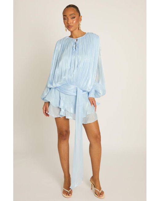 Rebellious Fashion Blue Tie Front Blouson Mini Dress