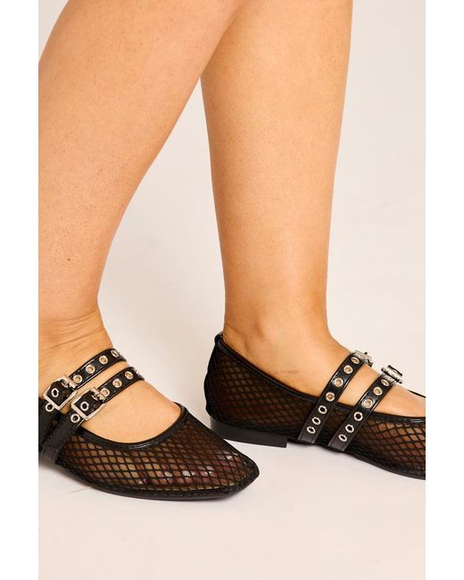 Rebellious Fashion Black Mesh Buckled Ballet Flats