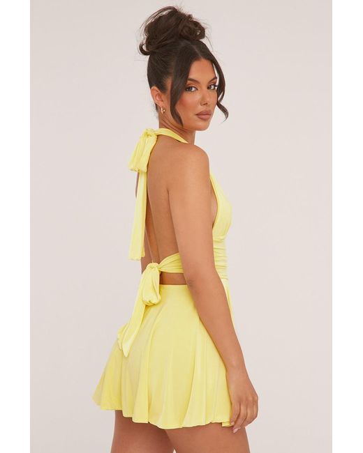 Rebellious Fashion Yellow Halter Plunge Neck Mini Dress
