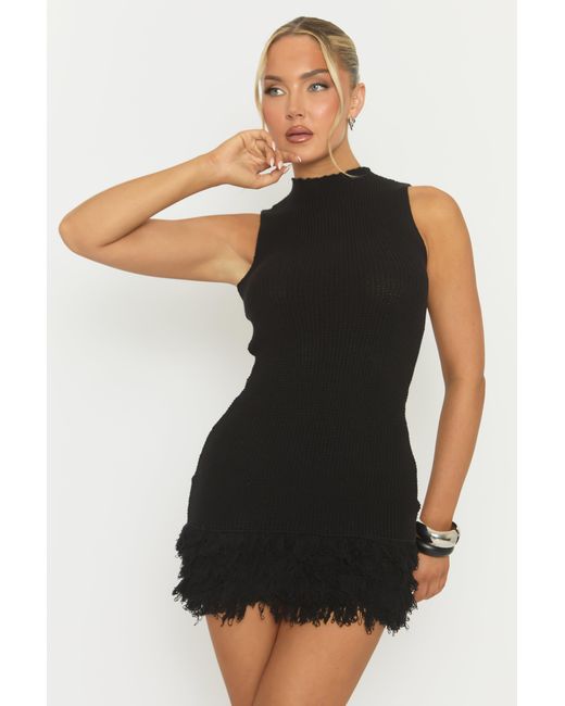 Rebellious Fashion Black Fringed Hem Knit Mini Dress