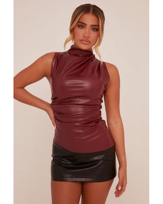 Rebellious Fashion Red Ruched Faux Leather Top