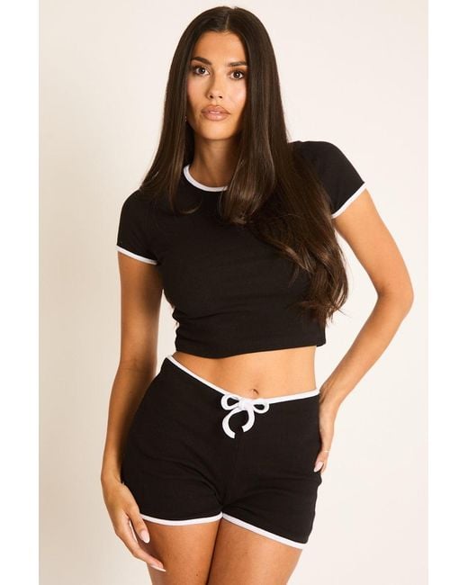 Rebellious Fashion Black Rib Contrast Binding Top And Shorts Co-Ord Set