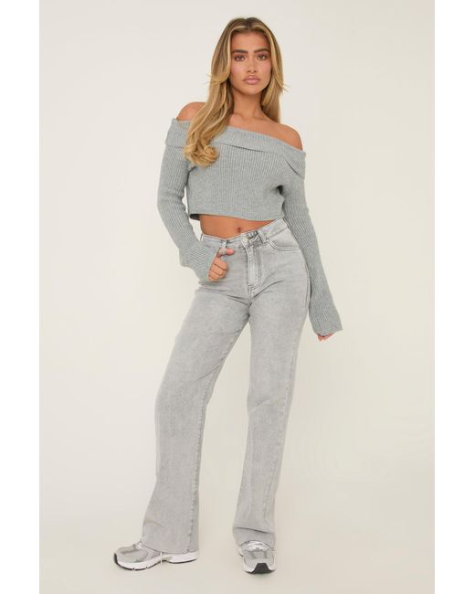 Rebellious Fashion Gray Light Stretch Straight Leg Frayed Hem Jeans