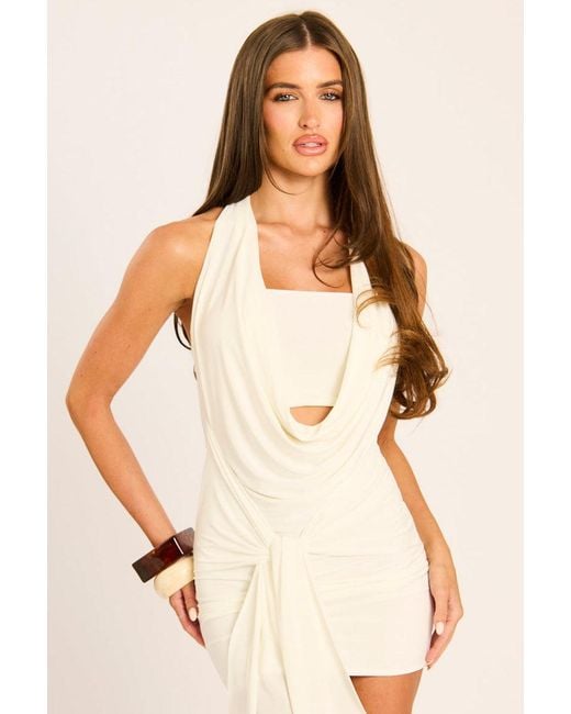 Rebellious Fashion Natural Cowl Neck Drape Mini Dress