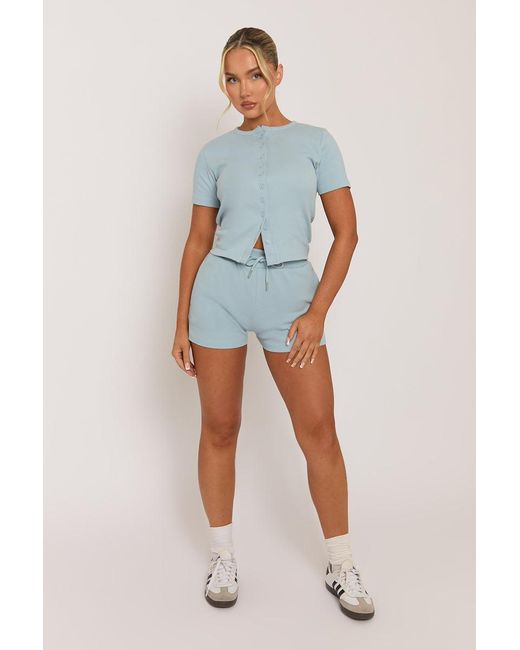 Rebellious Fashion Blue Light Rib Button Front Top And Short Loungewear Co-Ord Set