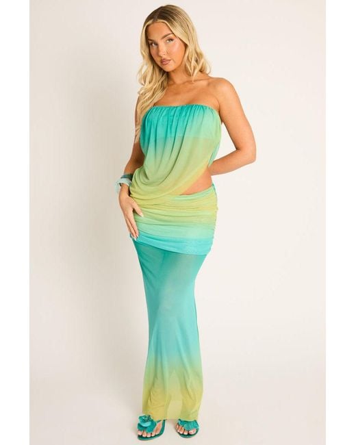 Rebellious Fashion Blue Ombre Printed Bandeau Mesh Overlay Top And Maxi Skirt Co-Ord Set