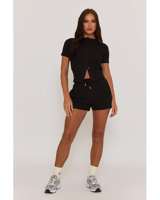Rebellious Fashion Black Rib Button Front Top And Short Loungewear Co-Ord Set