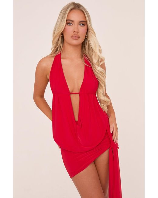 Rebellious Fashion Red Plunge Neck Cowl Detail Top & Mini Skirt Co-Ord Set