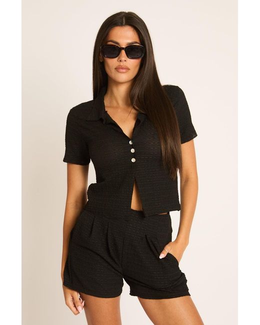 Rebellious Fashion Black Textured Short Sleeve Shirt And Shorts Co-Ord Set