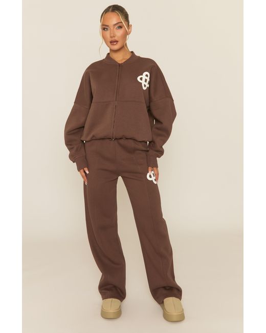 Rebellious Fashion Natural Contrast Motif Zip Front Bomber And Joggers Loungewear Co-Ord Set
