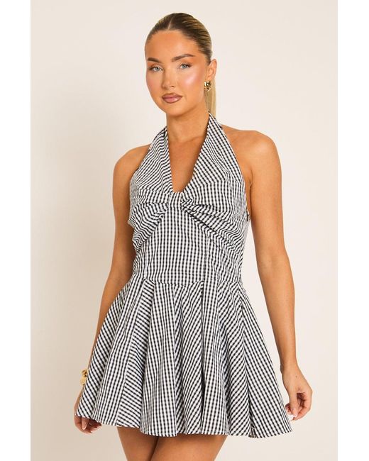 Rebellious Fashion Gray Gingham Pleated Skater Mini Dress