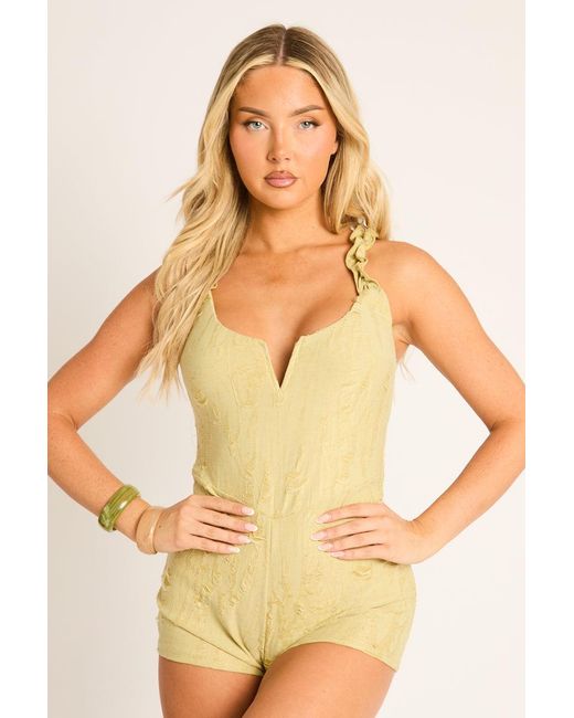 Rebellious Fashion Yellow Distressed V Bar Playsuit