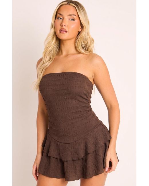 Rebellious Fashion Brown Bandeau Textured Flippy Playsuit