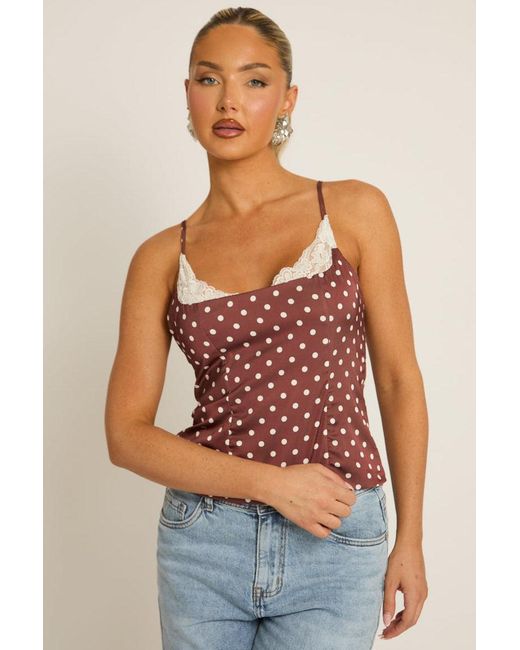 Rebellious Fashion Red Satin Polka Dot Lace Trim Cami Top