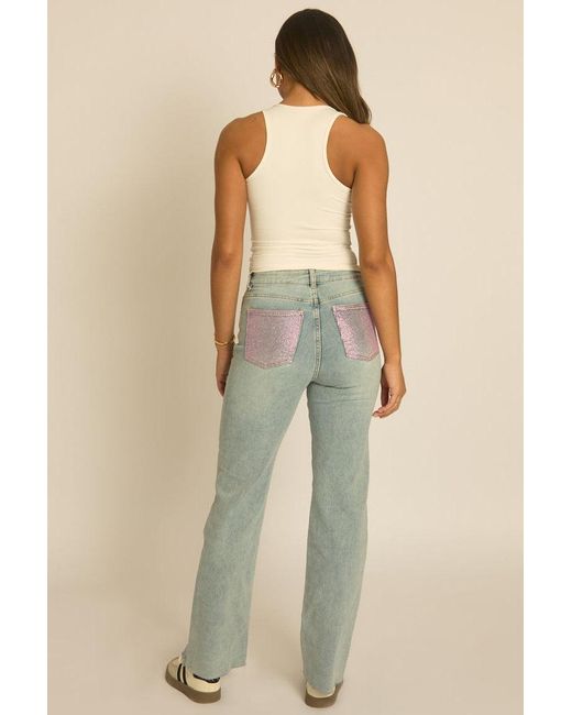 Rebellious Fashion Natural Washed Stretch Hotfix Pocket Detail Jeans