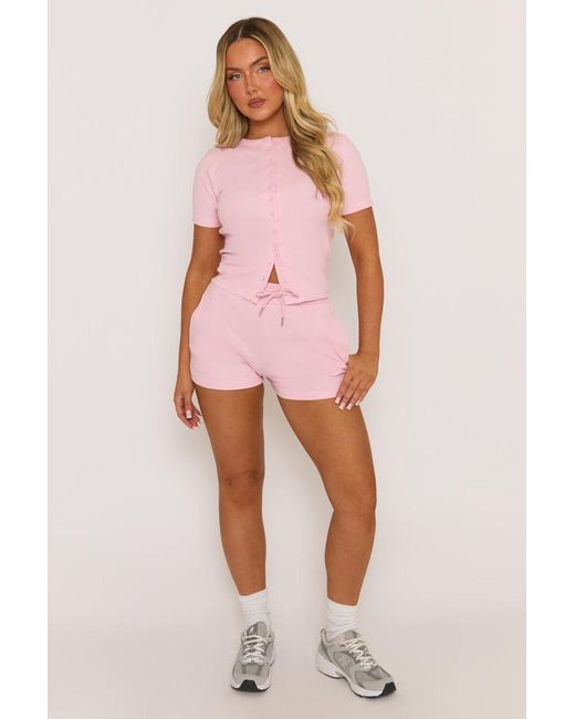 Rebellious Fashion Pink Rib Button Front Top And Short Loungewear Co-Ord Set