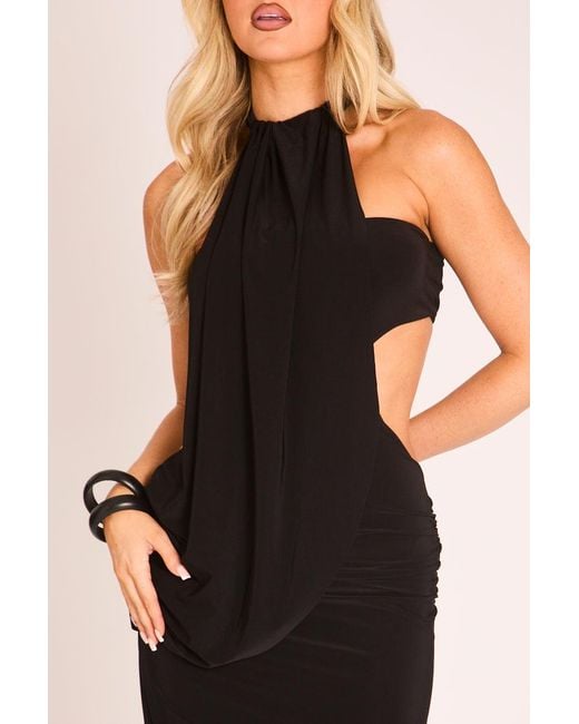 Rebellious Fashion Black Drape High Neck Maxi Dress