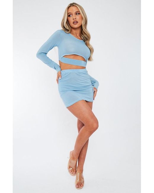 Rebellious Fashion Blue Front Cut Out Crop Top & Mini Skirt Set