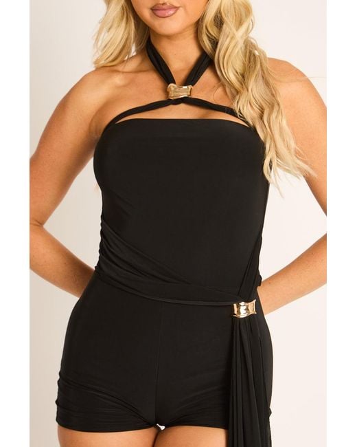 Rebellious Fashion Black Trim Drape Detail Halterneck Playsuit