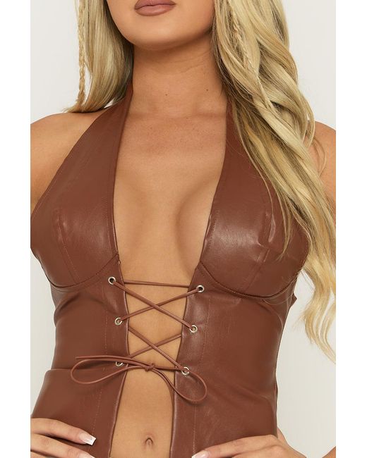 Rebellious Fashion Brown Tan Faux Leather Lace Front Halter Top