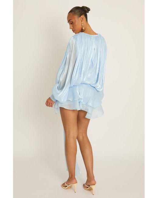 Rebellious Fashion Blue Tie Front Blouson Mini Dress