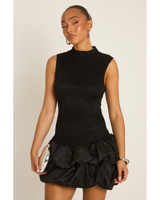 Rebellious Fashion Black Lace Puffball Hem Dress