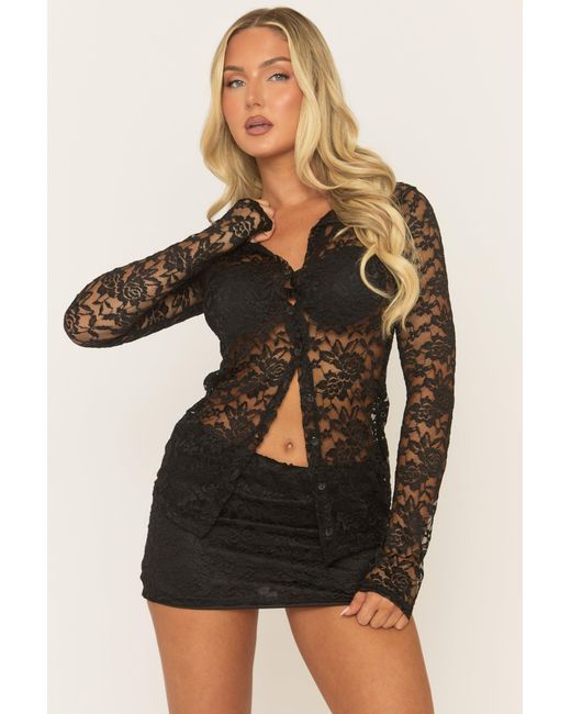 Rebellious Fashion Black Lace Button Front Shirt And Mini Skirt Co-Ord Set