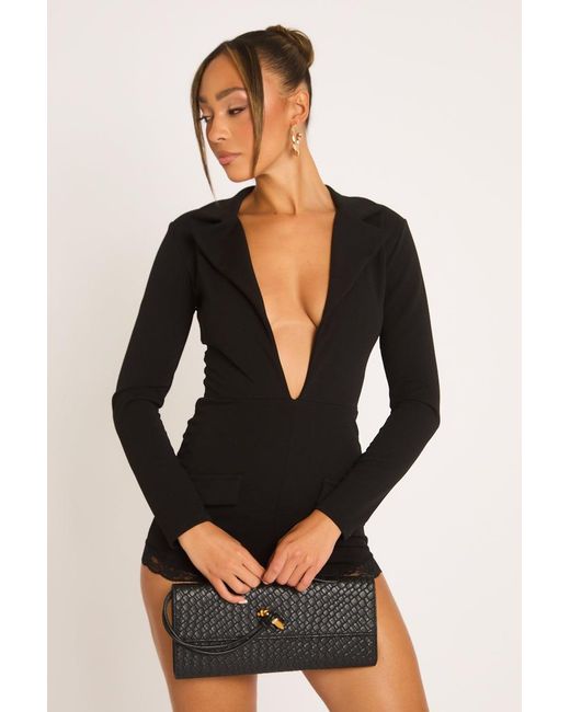 Rebellious Fashion Black Plunge Lace Detail Blazer Playsuit
