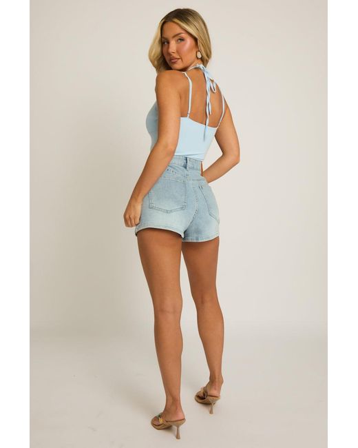Rebellious Fashion Blue Lace Trim Halter Bodysuit