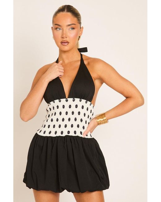 Rebellious Fashion Black Polka Dot Shirred Waist Mini Dress